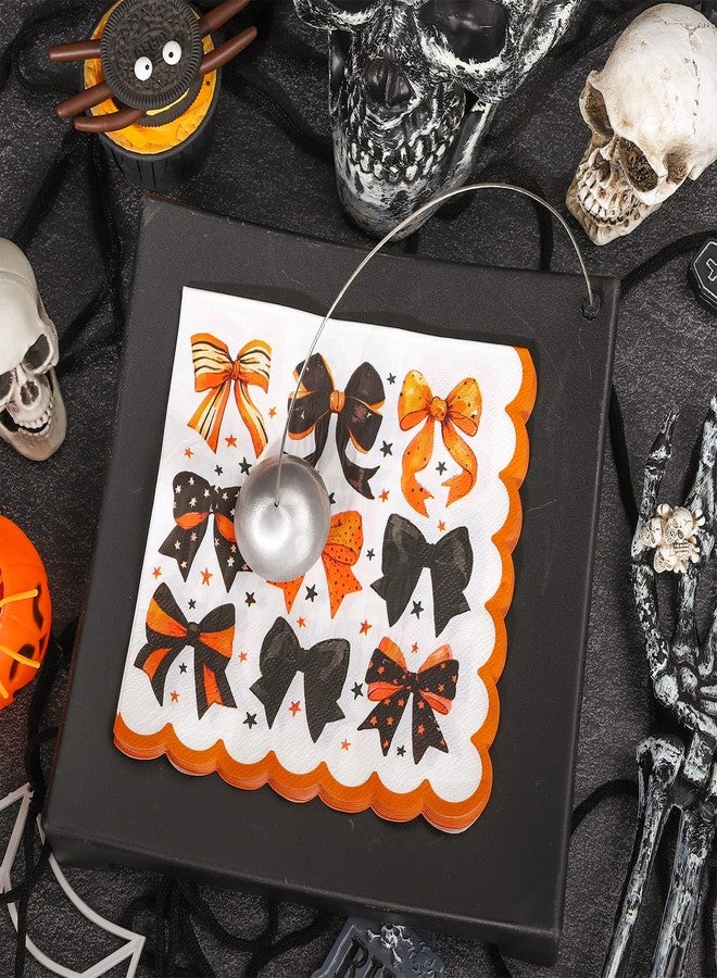 Whaline 50 Pcs Halloween Bow Paper Napkins Black Orange Bowknot Scalloped Disposable Napkins Luncheon Dinner Napkin for Birthday Trick or Treat Party Table Supplies - Image 3